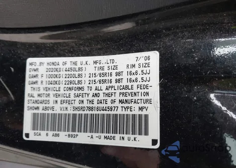 2006 Honda Cr-V Ex z USA, uszkodzony, nr VIN SHSRD78816U445977